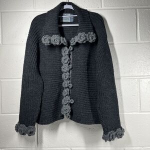 Peruvian Trading Merino Wool Sweater Cardigan Gray Size L Crocheted Button